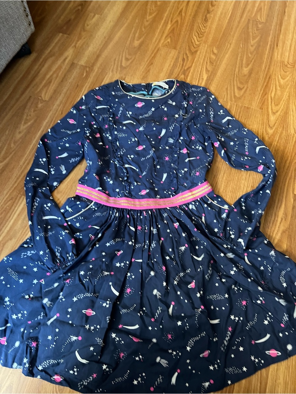 Boden Navy Space-Print Long-Sleeve Dress with Pink Waistband